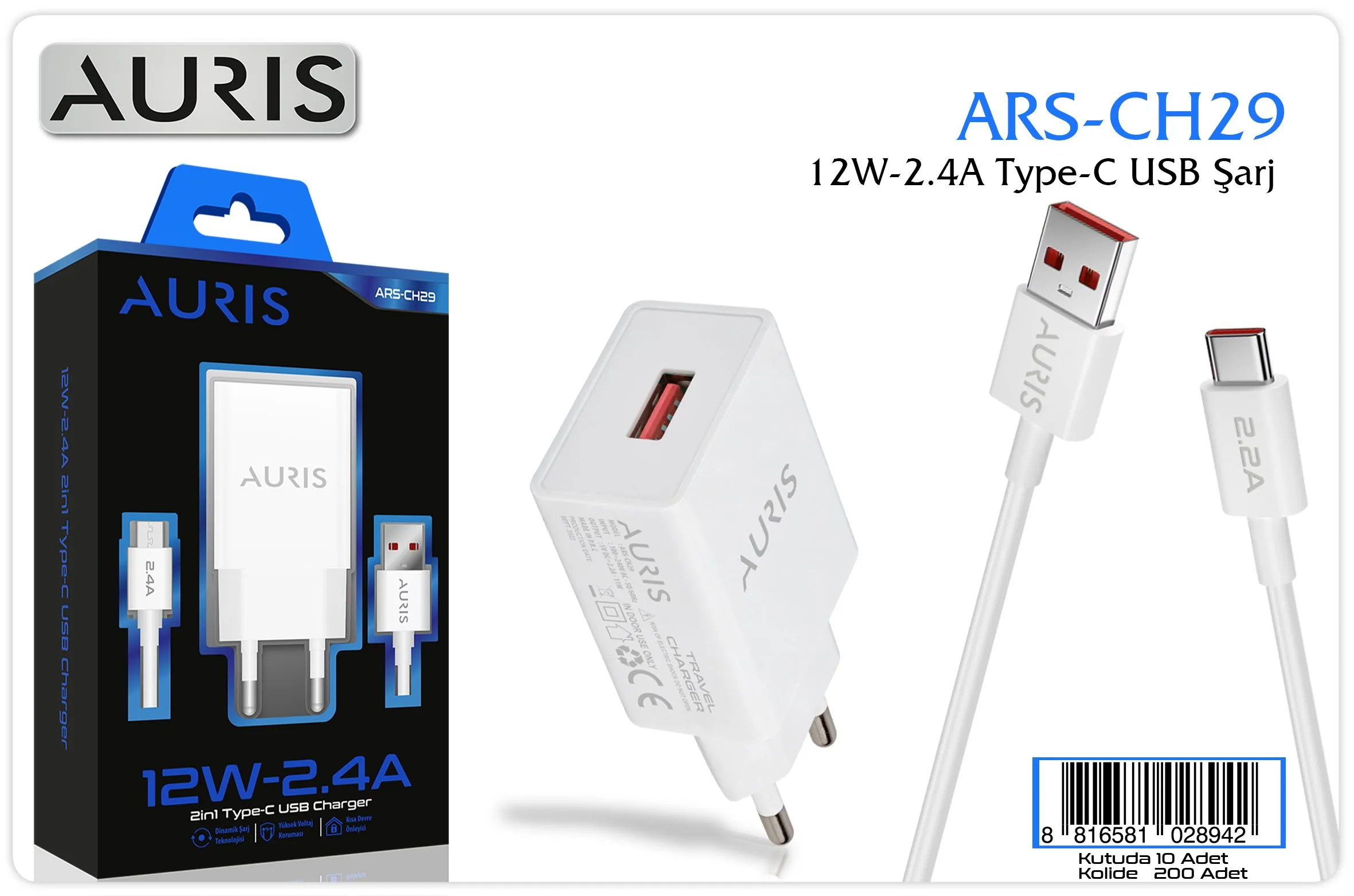 Auris ARS-CH29 12W 2.4A Type-C USB Sarj